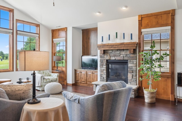 7466 Fairway Ln, Breezy Point, MN 56472 - living room featuring dark wood-style floors, vaulted ceiling, recessed lighting, and a stone fireplace