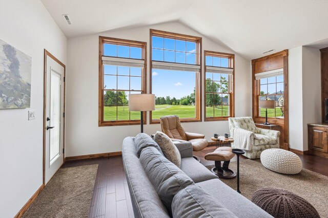 7466 Fairway Ln, Breezy Point, MN 56472 - living room with lofted ceiling and dark wood-style floors