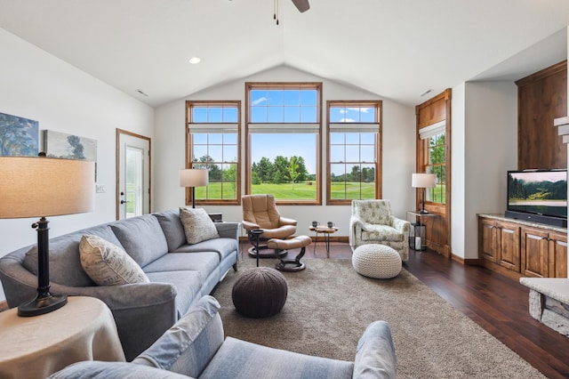 7466 Fairway Ln, Breezy Point, MN 56472 - living area with dark wood-style flooring, lofted ceiling, and a ceiling fan