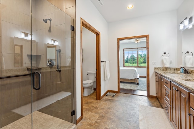7466 Fairway Ln, Breezy Point, MN 56472 - bathroom featuring double vanity, a stall shower, ensuite bath, and a ceiling fan
