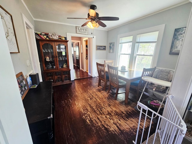 822 4th Ave, Madison, MN 56256 - dining area featuring ornamental molding, a ceiling fan, and wood finished floors