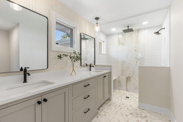 3124 Linden Cir NW, Prior Lake, MN 55372 - bathroom featuring walk in shower, double vanity, and recessed lighting