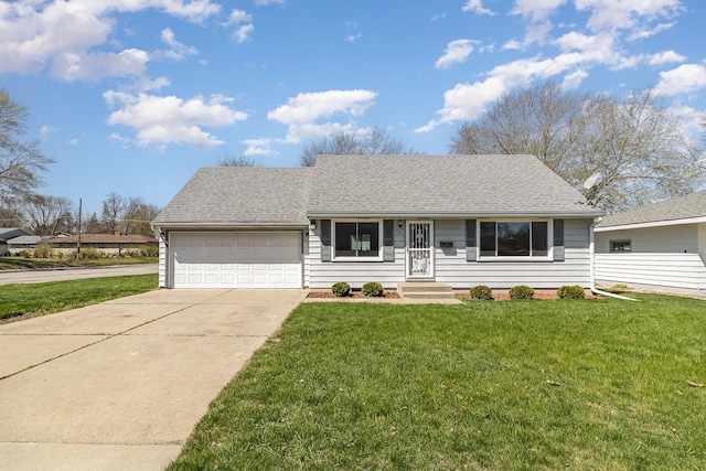 single story home featuring roof with shingles, an attached garage, driveway, and a front lawn