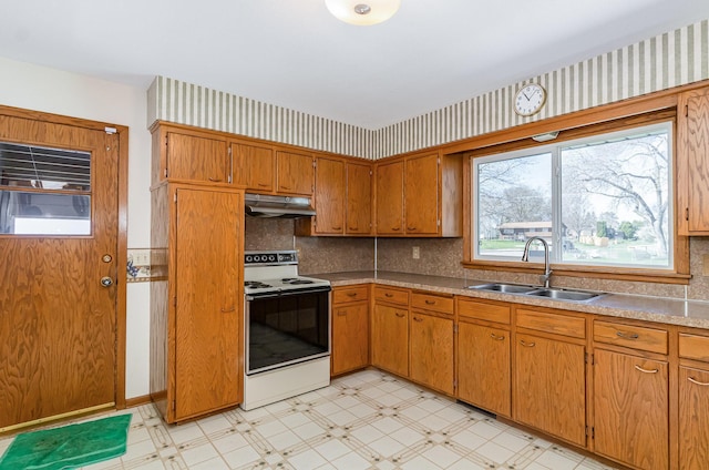 kitchen with brown cabinetry, a sink, electric stove, light floors, and under cabinet range hood