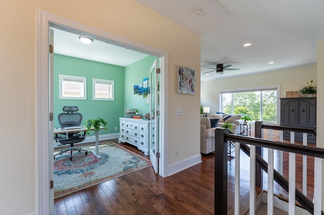 19717 Hazel Nut Ave, Lakeville, MN 55044 - home office with baseboards, a ceiling fan, dark wood-type flooring, and recessed lighting