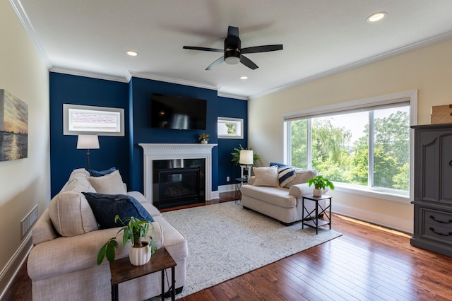 19717 Hazel Nut Ave, Lakeville, MN 55044 - living area featuring hardwood / wood-style flooring, baseboards, ceiling fan, a glass covered fireplace, and crown molding