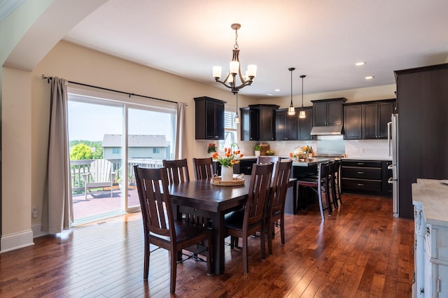 19717 Hazel Nut Ave, Lakeville, MN 55044 - dining room featuring a chandelier, dark wood finished floors, arched walkways, recessed lighting, and baseboards