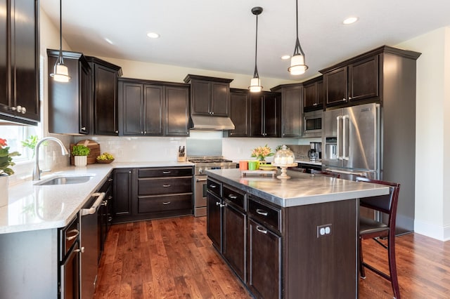 19717 Hazel Nut Ave, Lakeville, MN 55044 - kitchen featuring a sink, high quality appliances, under cabinet range hood, dark wood-style floors, and dark brown cabinetry