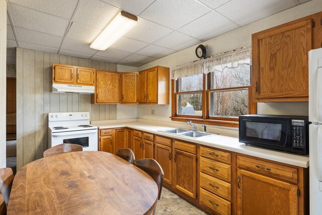 37301 Little Sweden Rd, Nashwauk Twp, MN 55769 - kitchen featuring a sink, white appliances, brown cabinets, under cabinet range hood, and light countertops