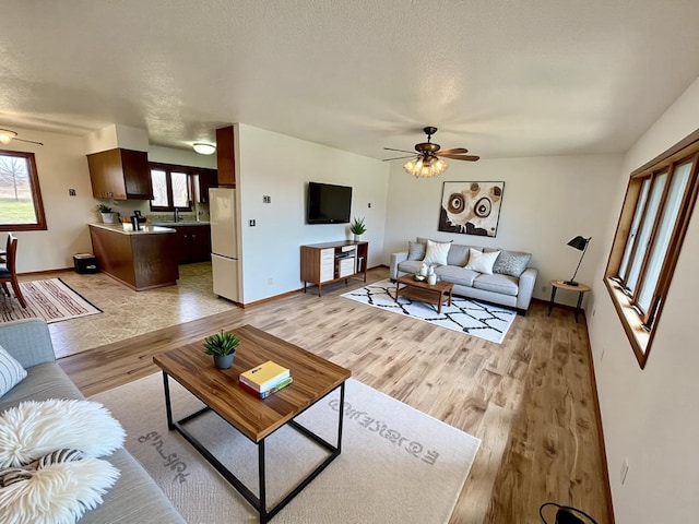 777 Big Round Ave, Georgetown Twp, WI 54853 - living area featuring baseboards, a ceiling fan, light wood finished floors, and a textured ceiling