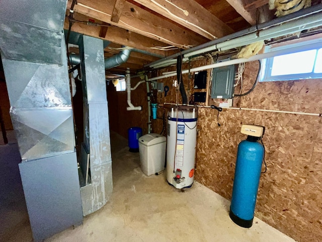 777 Big Round Ave, Georgetown Twp, WI 54853 - below grade area featuring heating unit, water heater, and electric panel
