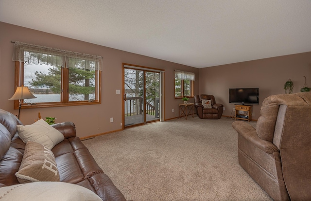 living room featuring carpet and baseboards