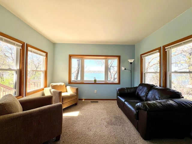 carpeted living area featuring visible vents and baseboards