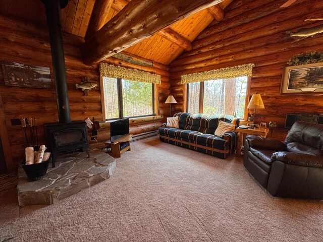 living room featuring a wood stove, carpet, wooden ceiling, vaulted ceiling with beams, and rustic walls
