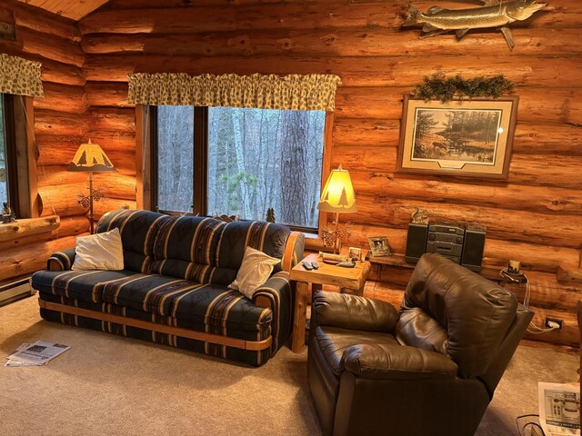 carpeted living room with visible vents and rustic walls