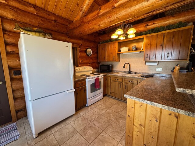kitchen with open shelves, a sink, wooden ceiling, log walls, and white appliances