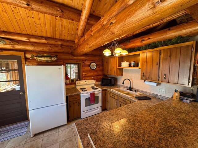 kitchen with open shelves, a sink, wooden ceiling, rustic walls, and white appliances