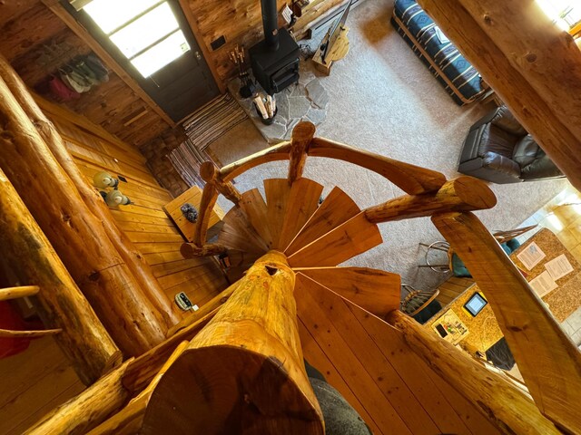 room details featuring a wood stove
