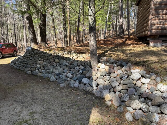 view of yard with a forest view