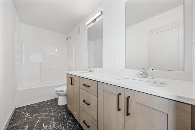 8343 61st St S, Horace, ND 58047 - bathroom featuring marble look tiles, double vanity, and tub / shower combination