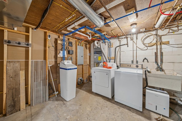 laundry room with laundry area, washing machine and dryer, a sink, and electric panel