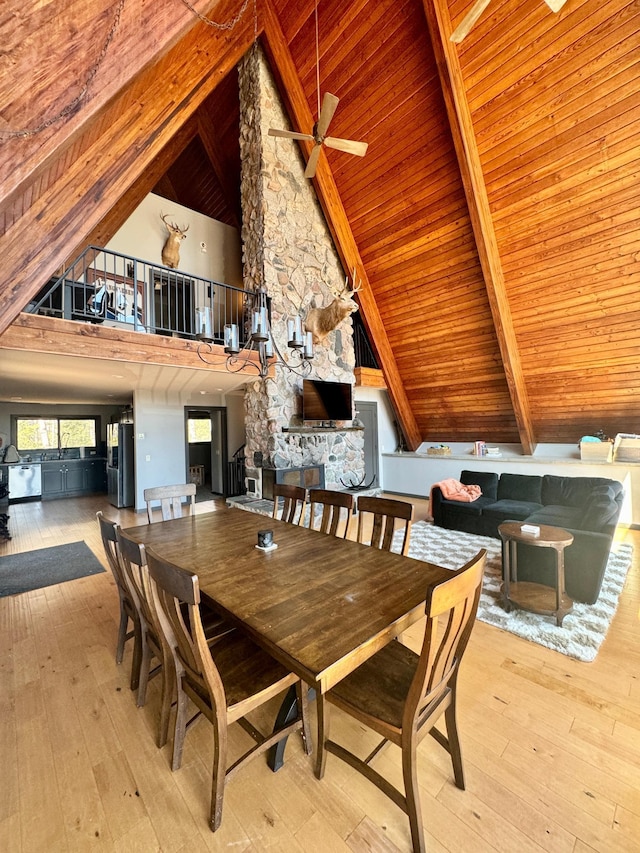 63521 County Road 2, Warroad, MN 56763 - dining area with wooden ceiling, a ceiling fan, hardwood / wood-style flooring, and beam ceiling