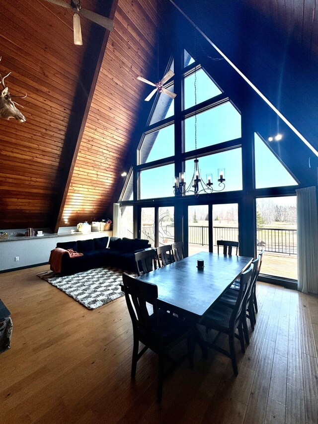 63521 County Road 2, Warroad, MN 56763 - dining space featuring beamed ceiling, high vaulted ceiling, wood ceiling, and hardwood / wood-style flooring