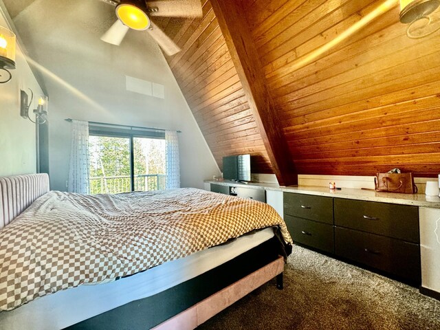 63521 County Road 2, Warroad, MN 56763 - bedroom featuring wood ceiling, ceiling fan, lofted ceiling with beams, and carpet flooring