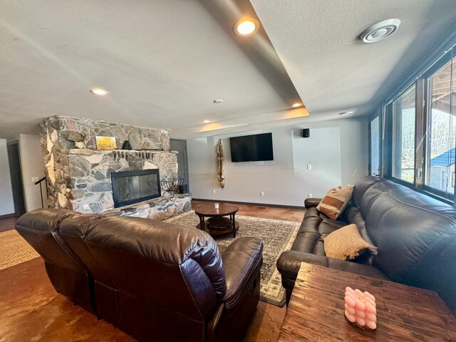 63521 County Road 2, Warroad, MN 56763 - living area with a textured ceiling, baseboards, wood finished floors, and a fireplace
