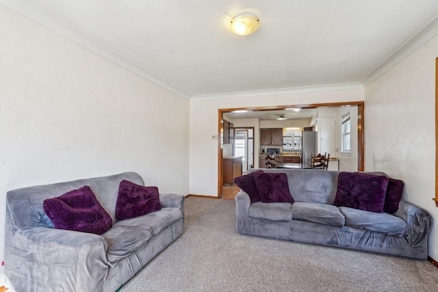 carpeted living room featuring ornamental molding and baseboards