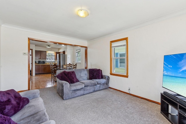 living area featuring ornamental molding, baseboards, and light carpet