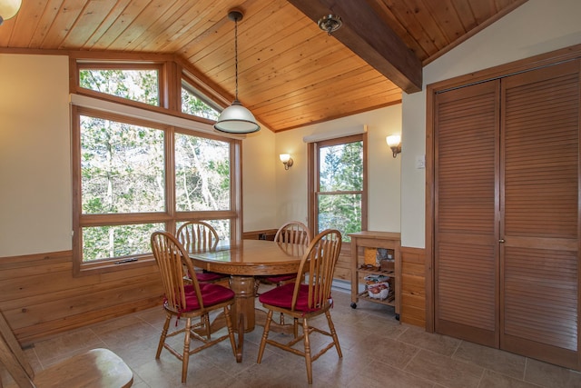 dining space featuring vaulted ceiling, wood ceiling, wainscoting, healthy amount of natural light, and wood walls