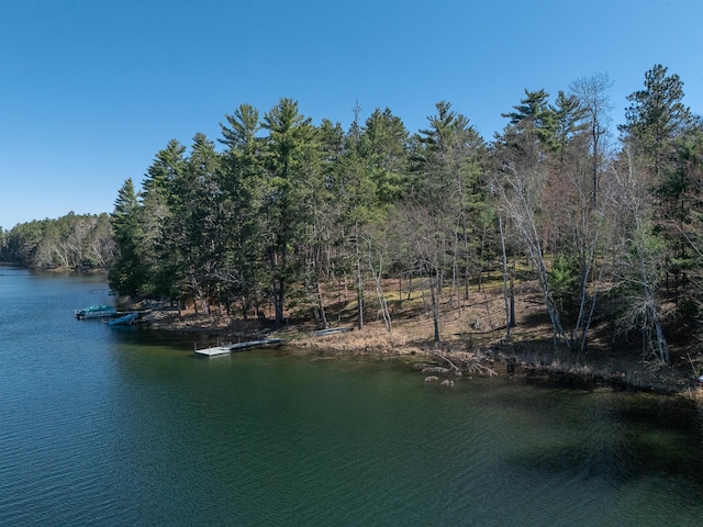water view with a floating dock and a heavily wooded area