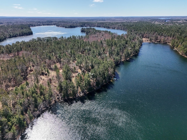 aerial overview of property's location featuring a heavily wooded area and a nearby body of water