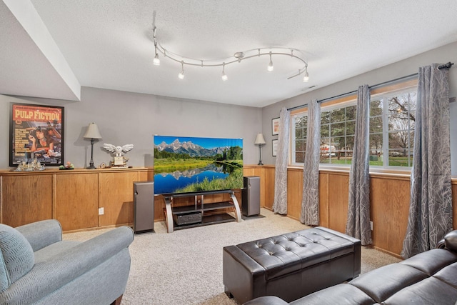 carpeted living area featuring wooden walls, a wainscoted wall, and a textured ceiling