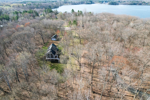 bird's eye view featuring a water view and a forest view