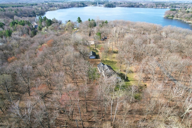 aerial view featuring a water view and a view of trees