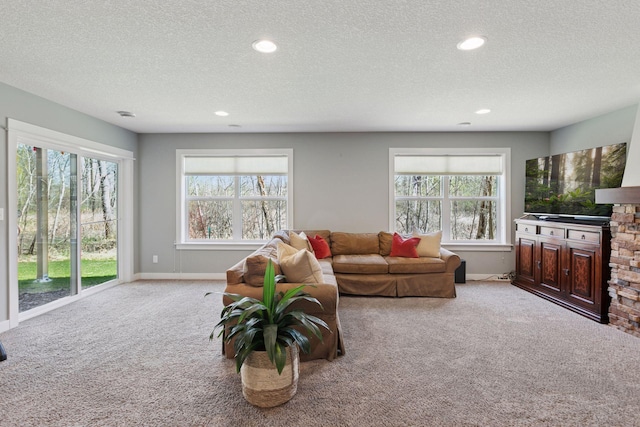 living area featuring baseboards, carpet flooring, and a textured ceiling
