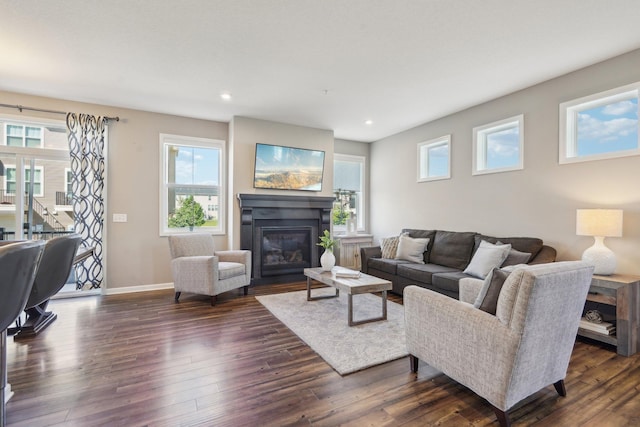 11462 81st Pl N, Maple Grove, MN 55369 - living area with baseboards, a glass covered fireplace, dark wood finished floors, and recessed lighting