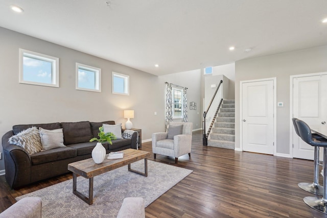 11462 81st Pl N, Maple Grove, MN 55369 - living area featuring stairway, dark wood-type flooring, baseboards, and recessed lighting