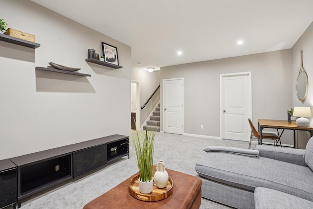 11462 81st Pl N, Maple Grove, MN 55369 - carpeted living room with stairs, recessed lighting, and baseboards