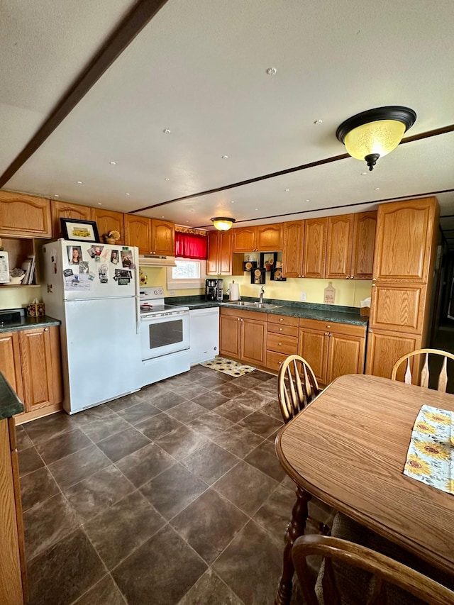 1404 Central Rd, Littlefork, MN 56653 - kitchen with a sink, dark countertops, and white appliances