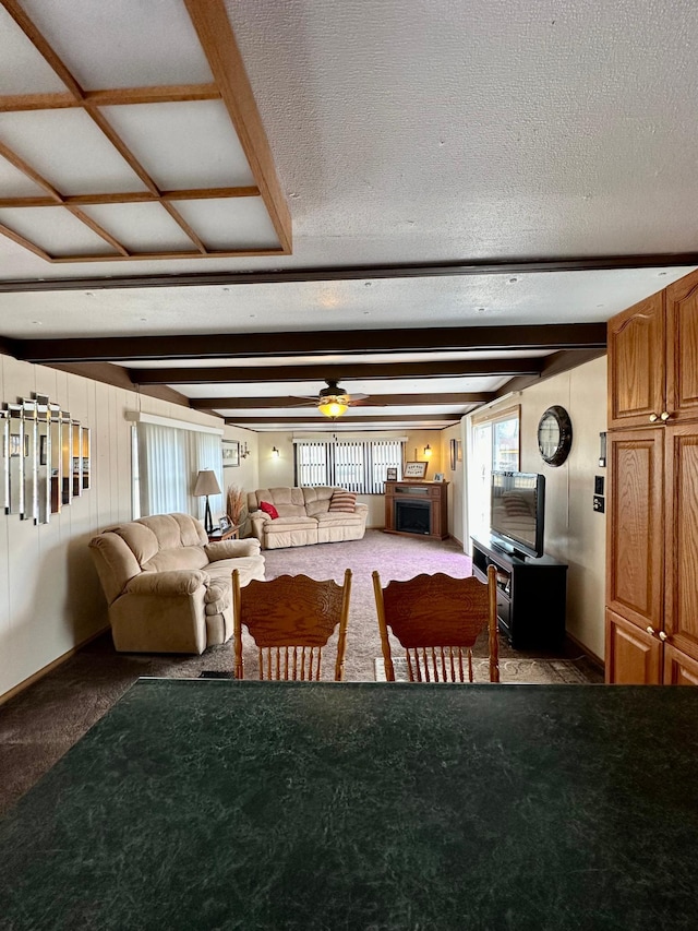 1404 Central Rd, Littlefork, MN 56653 - living area featuring baseboards, a ceiling fan, carpet flooring, and beam ceiling