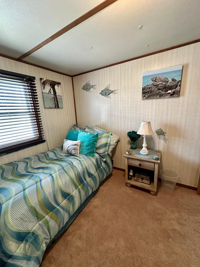 1404 Central Rd, Littlefork, MN 56653 - bedroom featuring wooden walls, carpet, and a textured ceiling