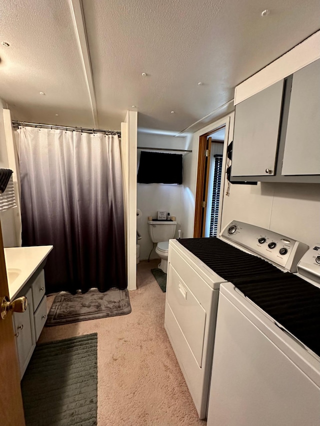 1404 Central Rd, Littlefork, MN 56653 - washroom with washer and dryer, a textured ceiling, laundry area, and light colored carpet