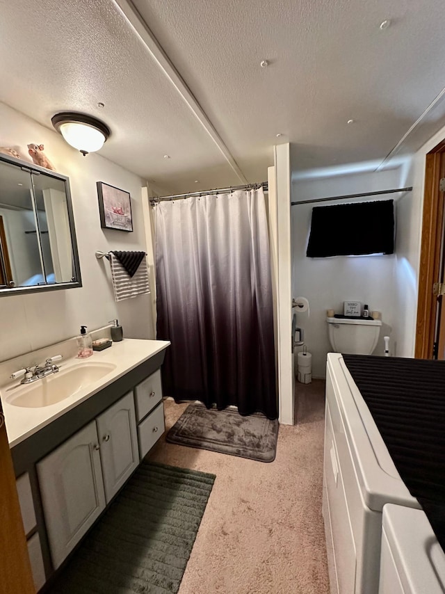 1404 Central Rd, Littlefork, MN 56653 - bathroom with a shower with curtain, a textured ceiling, vanity, toilet, and washer / dryer