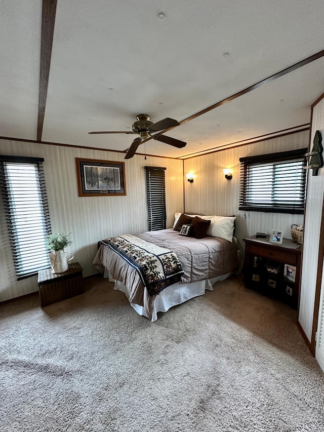 1404 Central Rd, Littlefork, MN 56653 - carpeted bedroom with a textured ceiling, ceiling fan, and multiple windows