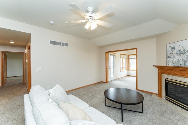 274 Dawn Ave, Saint Charles, MN 55972 - living area with visible vents, lofted ceiling, light carpet, baseboards, and ceiling fan