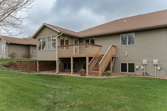 274 Dawn Ave, Saint Charles, MN 55972 - rear view of house with stairs, a shingled roof, a yard, and a deck