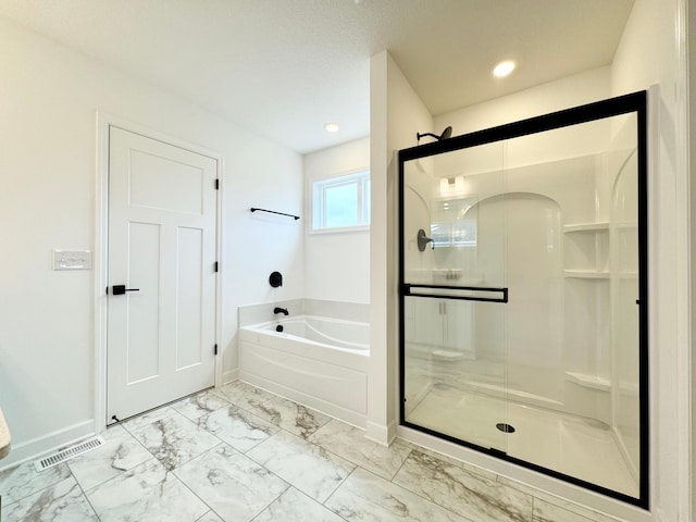 full bathroom with a garden tub, visible vents, a stall shower, baseboards, and marble finish floor